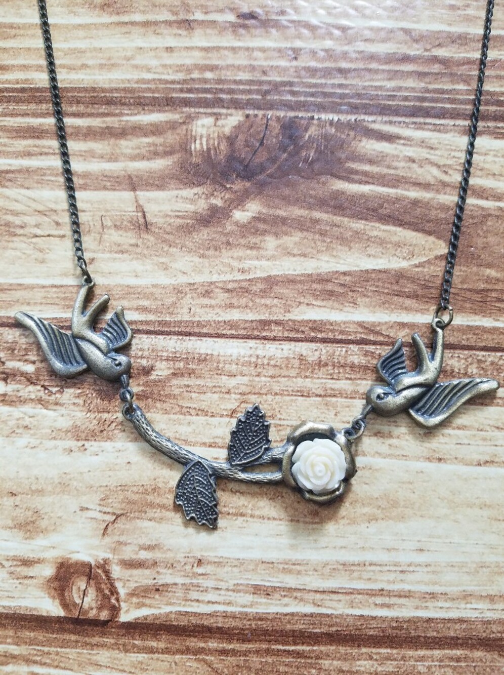Antiqued Brass Swallow Charm Necklace Vintage Style Floral Bird Bib 17.5in